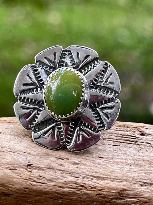 High grade Pilot Mountain turquoise spinner ring-size 7.75-8