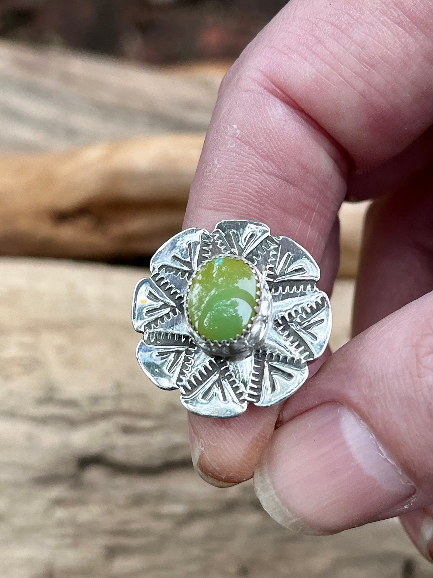 High grade Pilot Mountain turquoise spinner ring-size 7.75-8