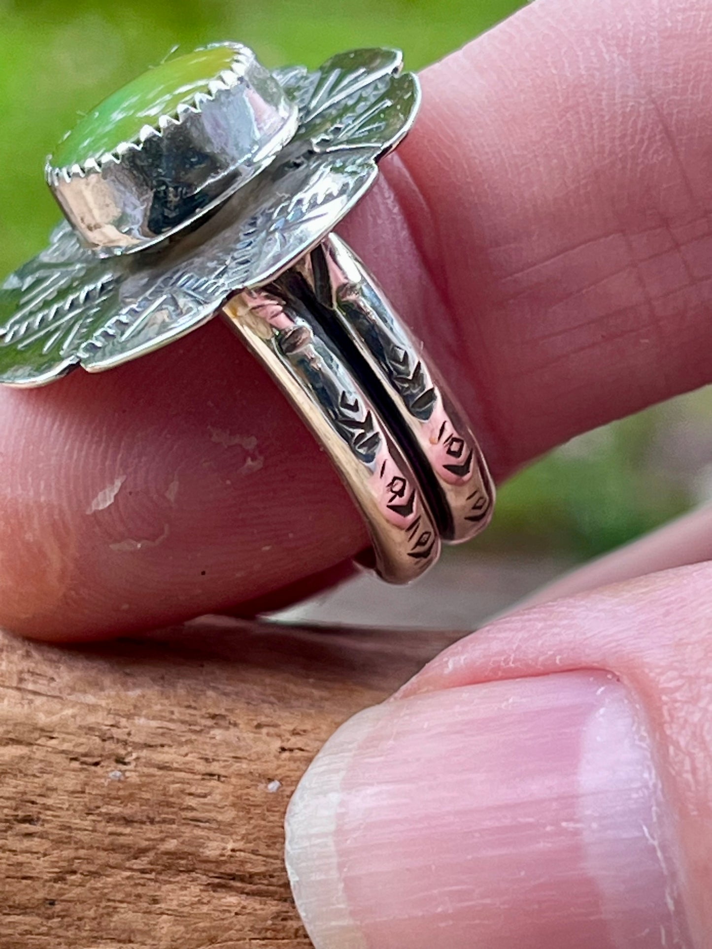 High grade Pilot Mountain turquoise spinner ring-size 7.75-8
