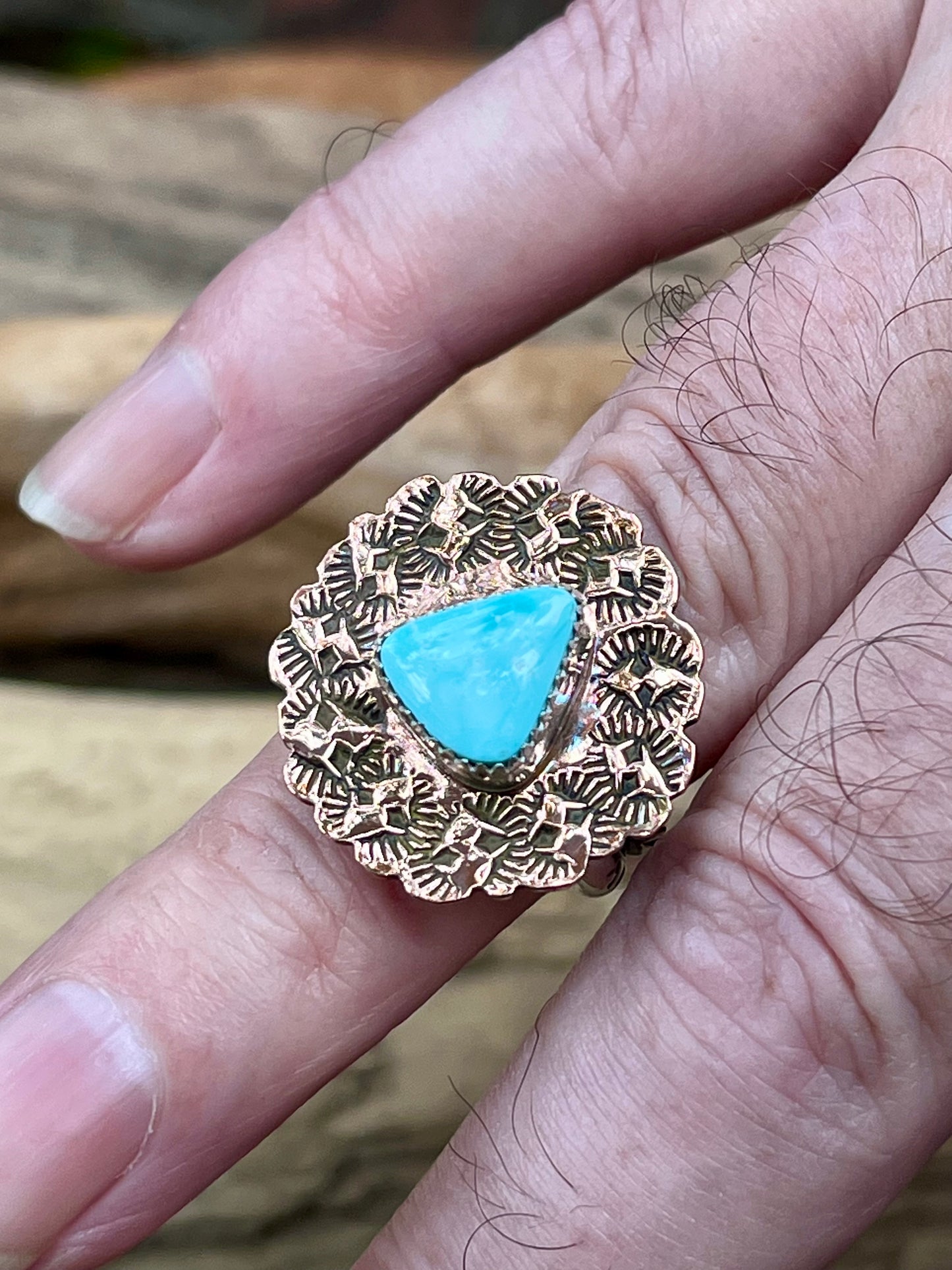Copper/high grade royston blue turquoise spinner ring-size-6.5-7