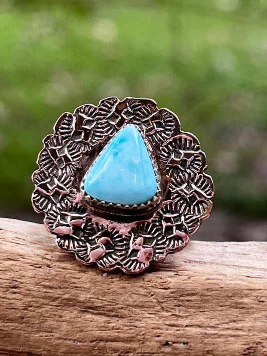 Copper/high grade royston blue turquoise spinner ring-size-6.5-7