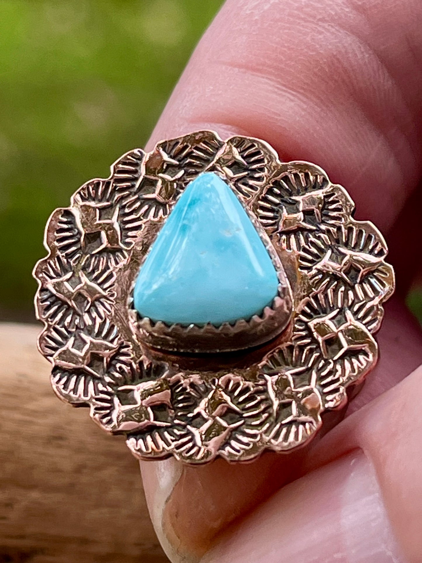 Copper/high grade royston blue turquoise spinner ring-size-6.5-7
