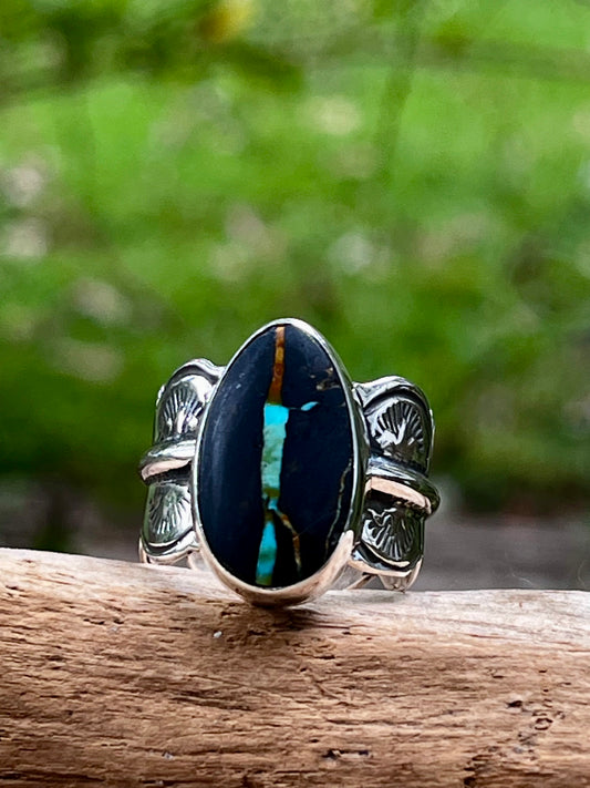 “The Black Cat” Natural blackjack turquoise ring-size-9.5