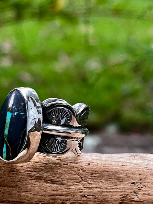 “The Black Cat” Natural blackjack turquoise ring-size-9.5