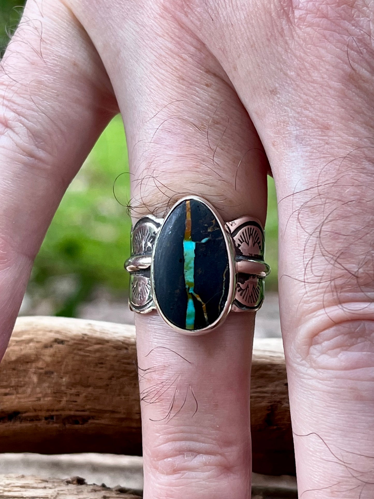 “The Black Cat” Natural blackjack turquoise ring-size-9.5
