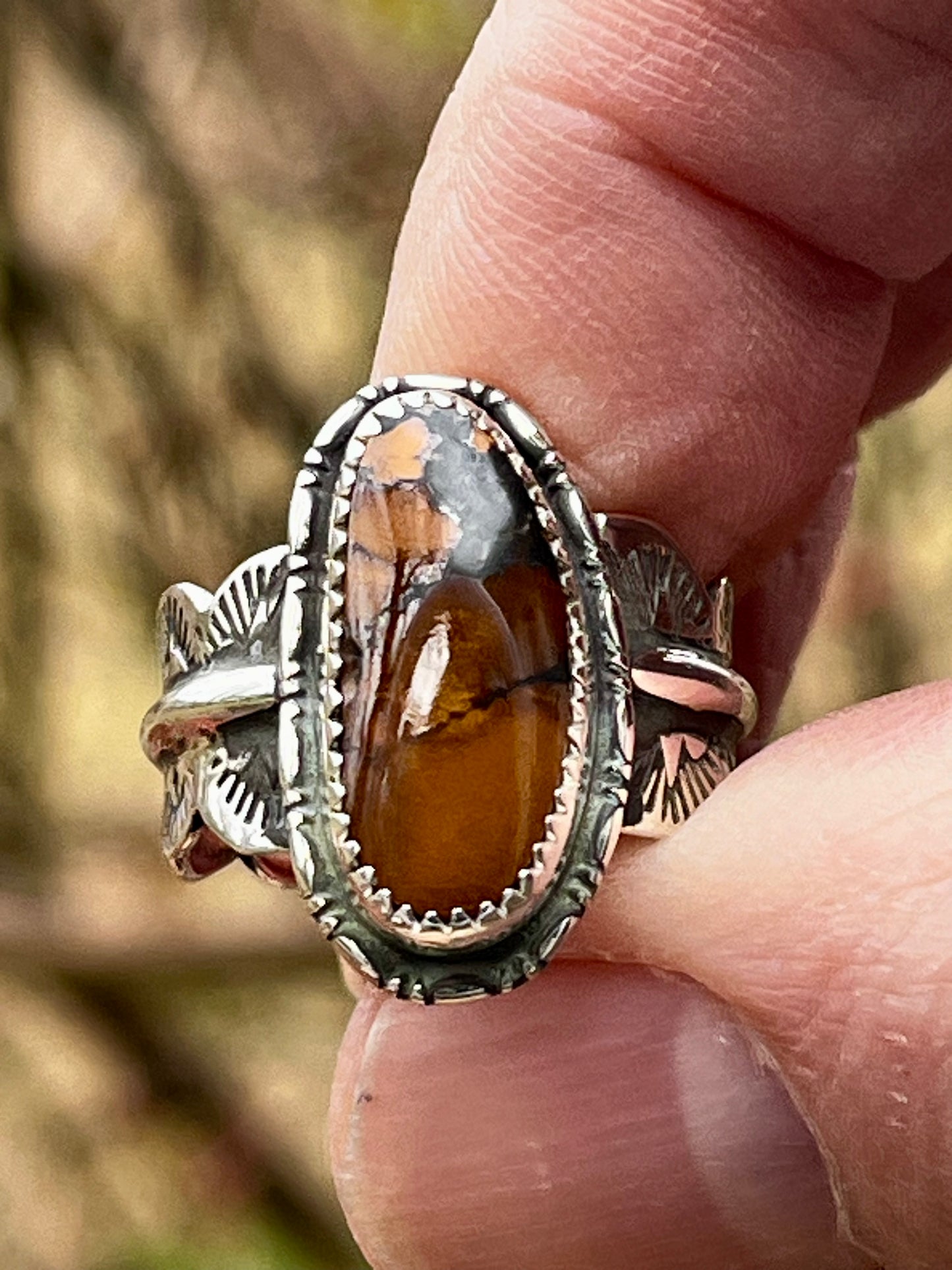 High grade “sunset” Blackjack Turquoise ring-size 8