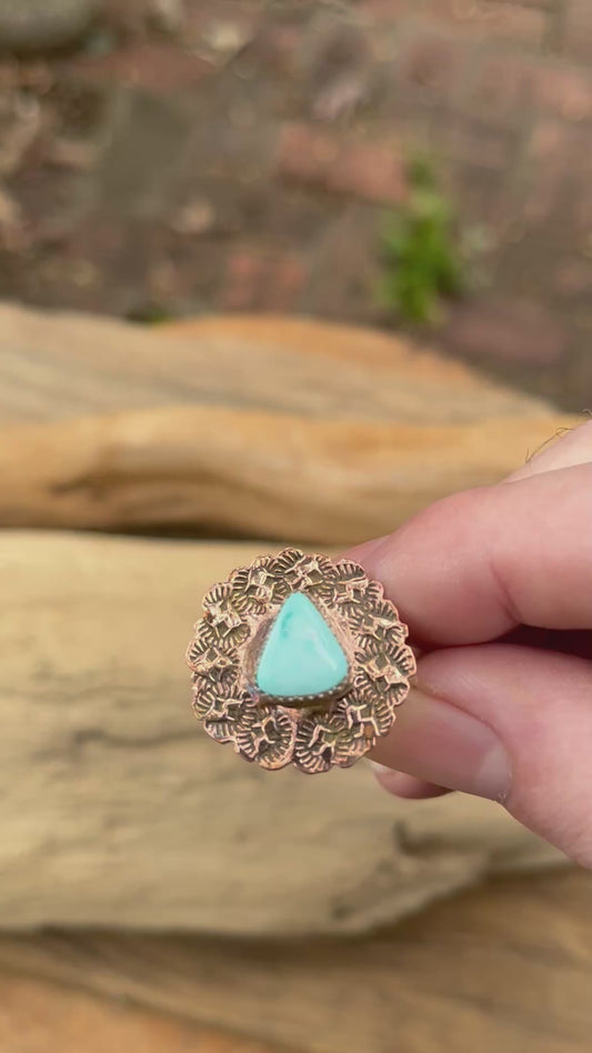 Copper/high grade royston blue turquoise spinner ring-size-6.5-7