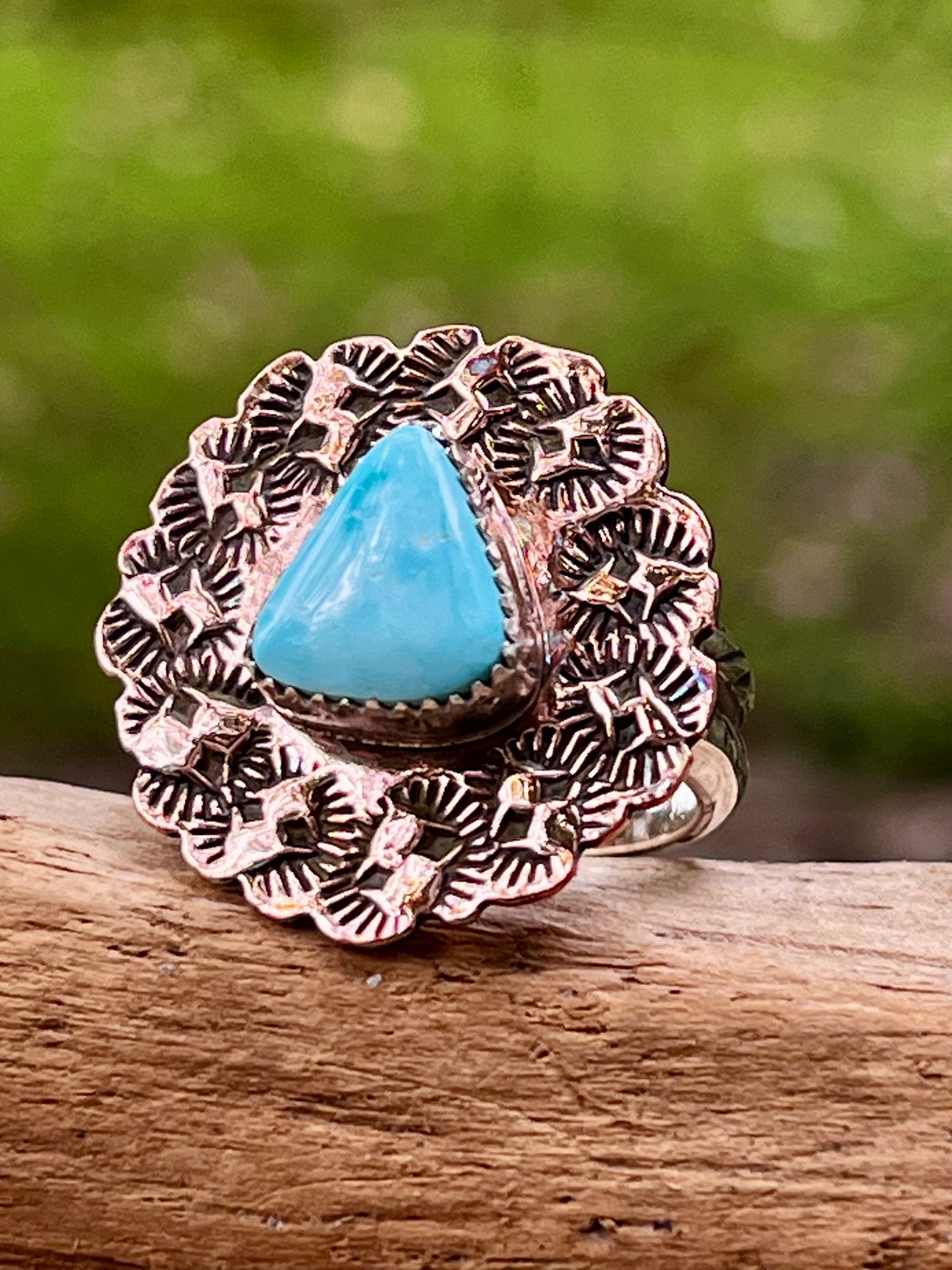 Copper/high grade royston blue turquoise spinner ring-size-6.5-7