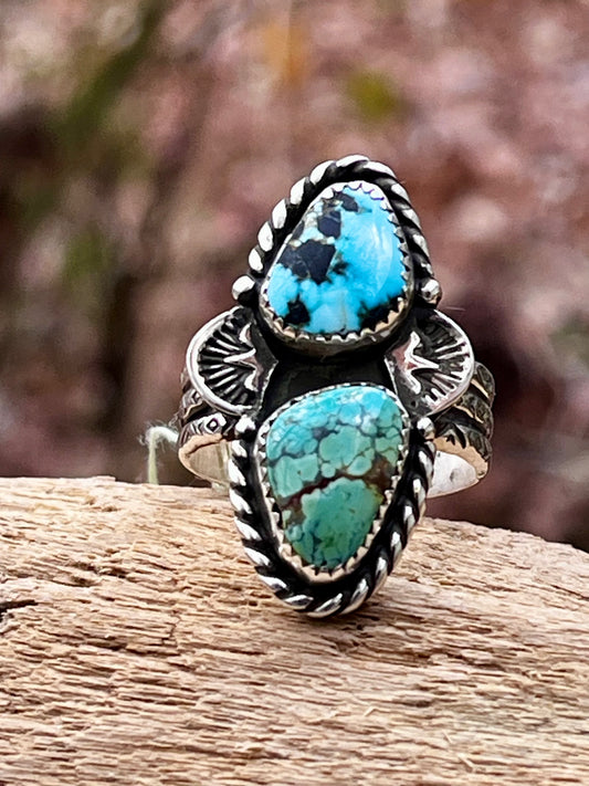 Natural High grade Blue Moon & high grade Rattlesnake turquoise ring Sz-8