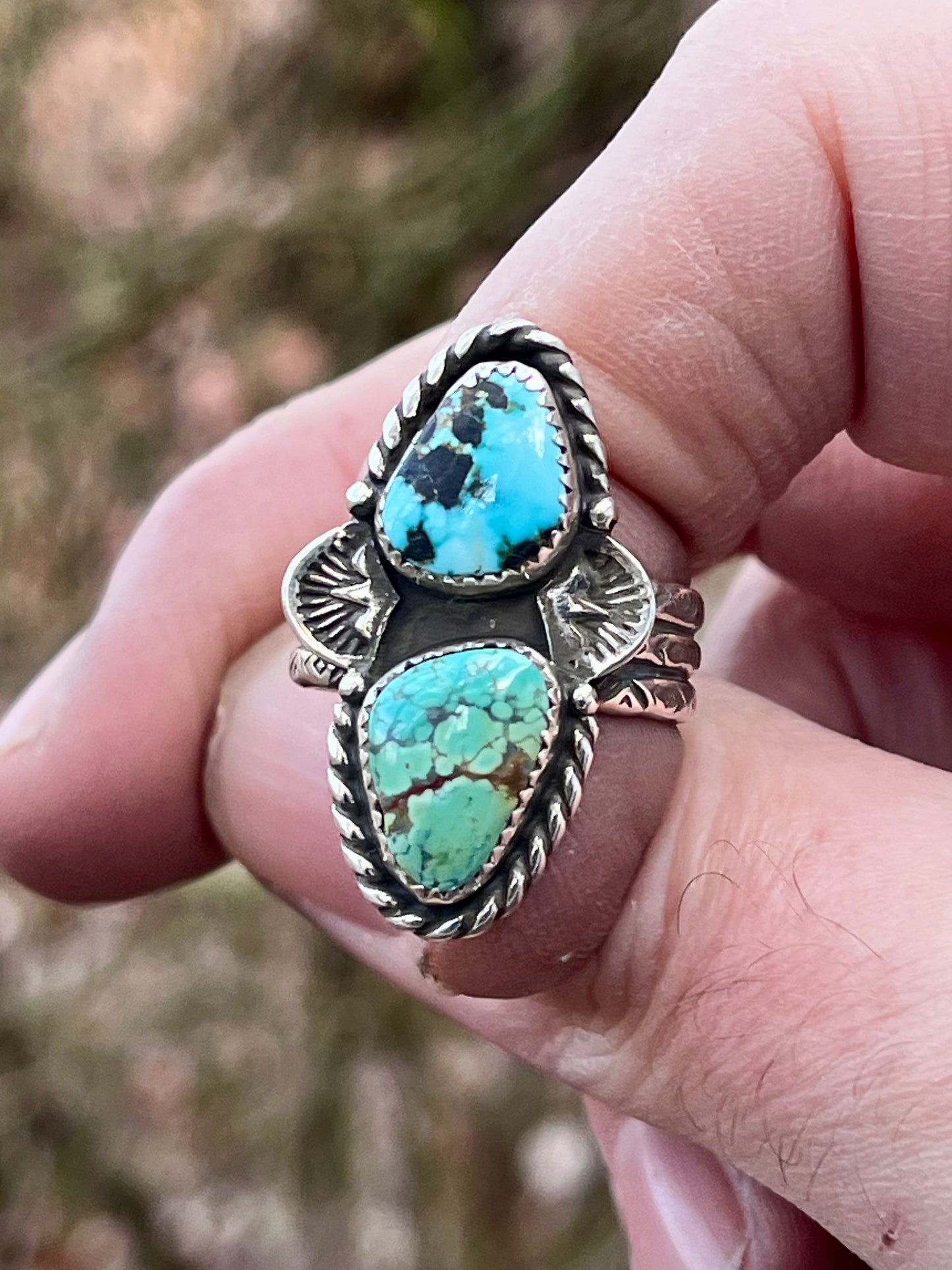 Natural High grade Blue Moon & high grade Rattlesnake turquoise ring Sz-8