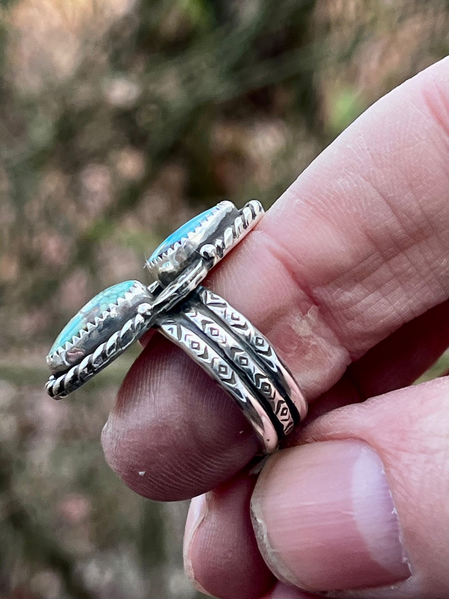 Natural High grade Blue Moon & high grade Rattlesnake turquoise ring Sz-8
