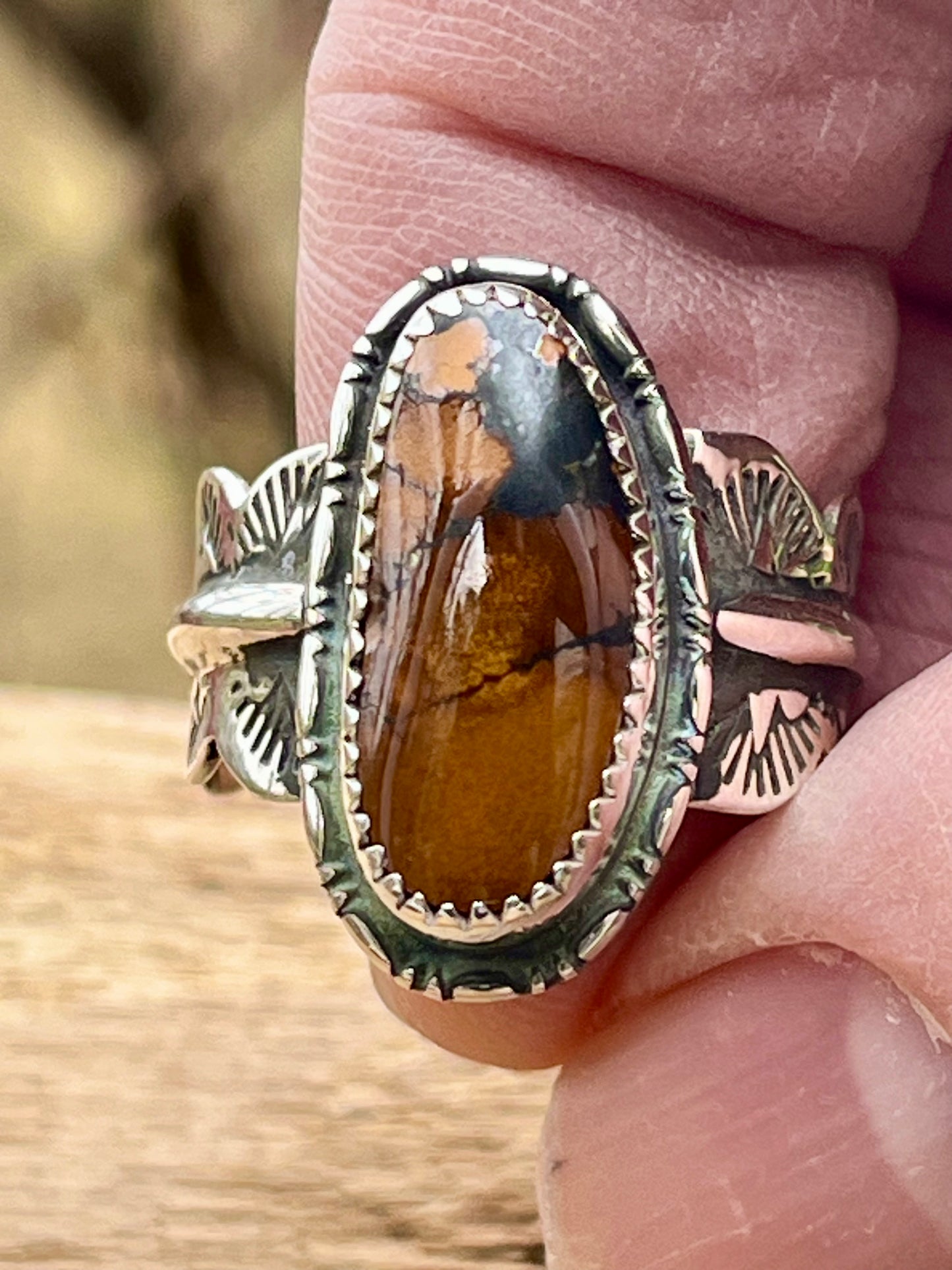 High grade “sunset” Blackjack Turquoise ring-size 8