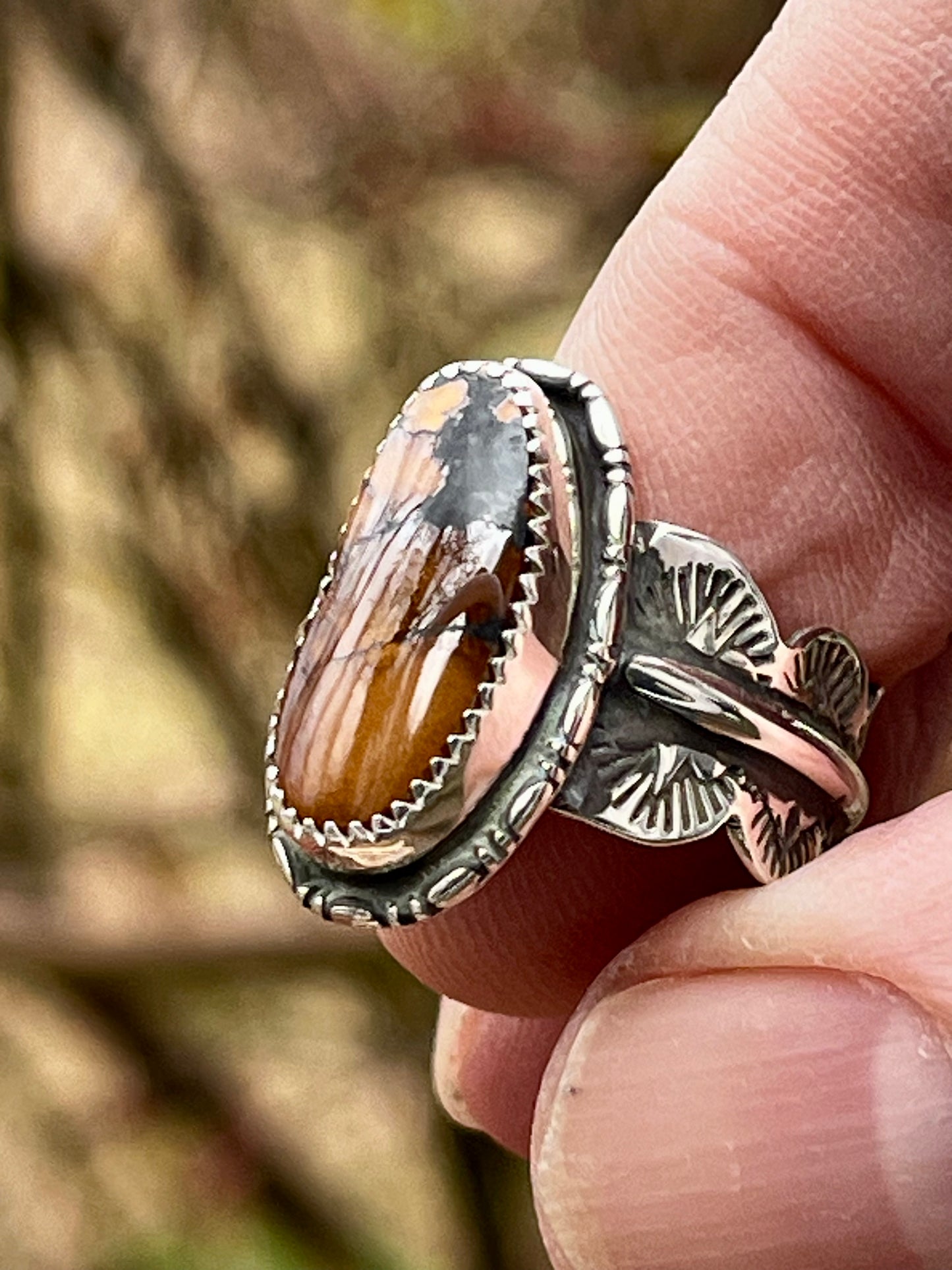 High grade “sunset” Blackjack Turquoise ring-size 8