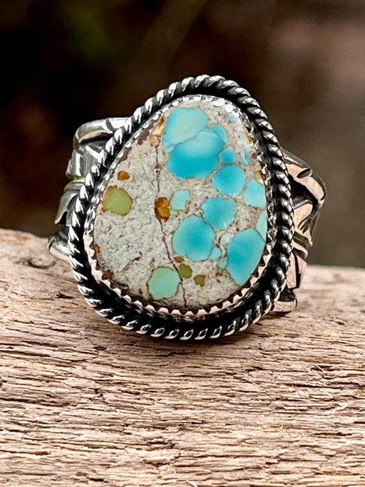 Natural High grade Gobi Desert Turquoise “raindrops on feathers” ring Sz 7.75-8
