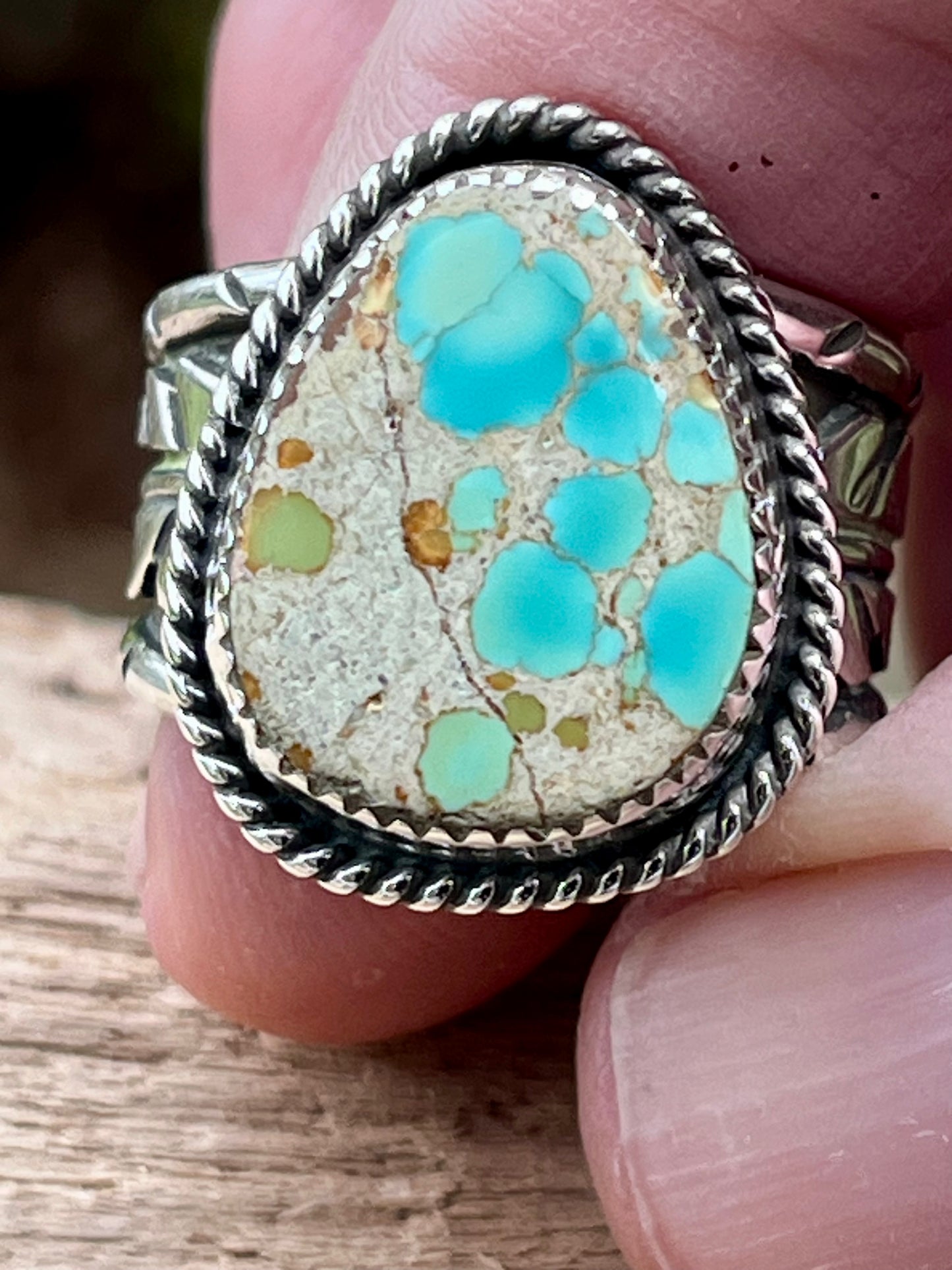 Natural High grade Gobi Desert Turquoise “raindrops on feathers” ring Sz 7.75-8