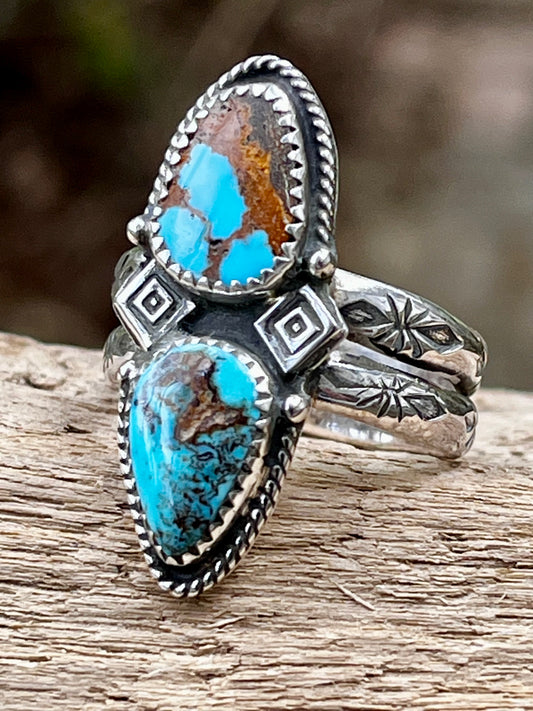 Natural High grade Dbl Royston & Pilot Mountain Turquoise ring Sz-8.5