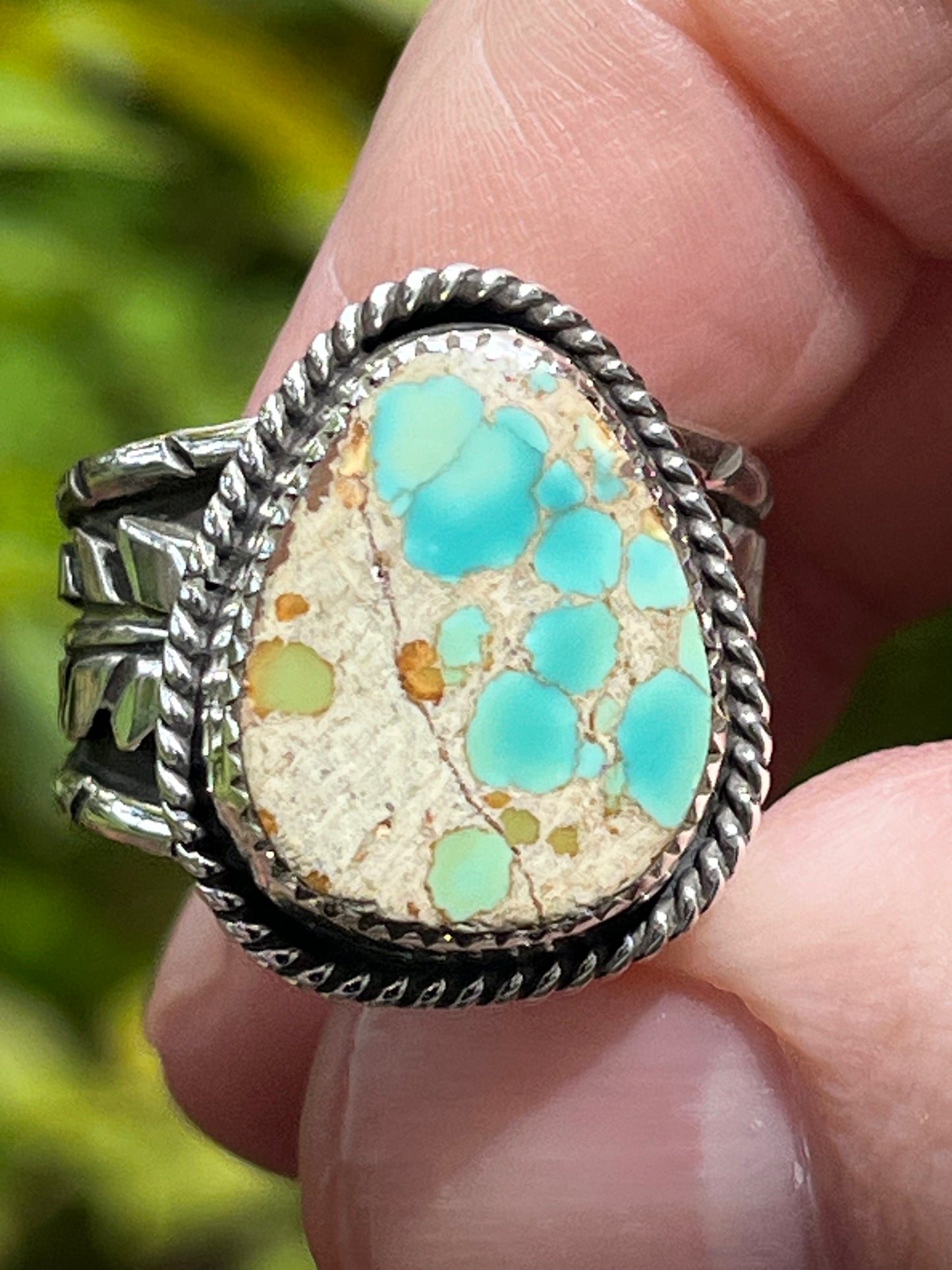 Natural High grade Gobi Desert Turquoise “raindrops on feathers” ring Sz 7.75-8