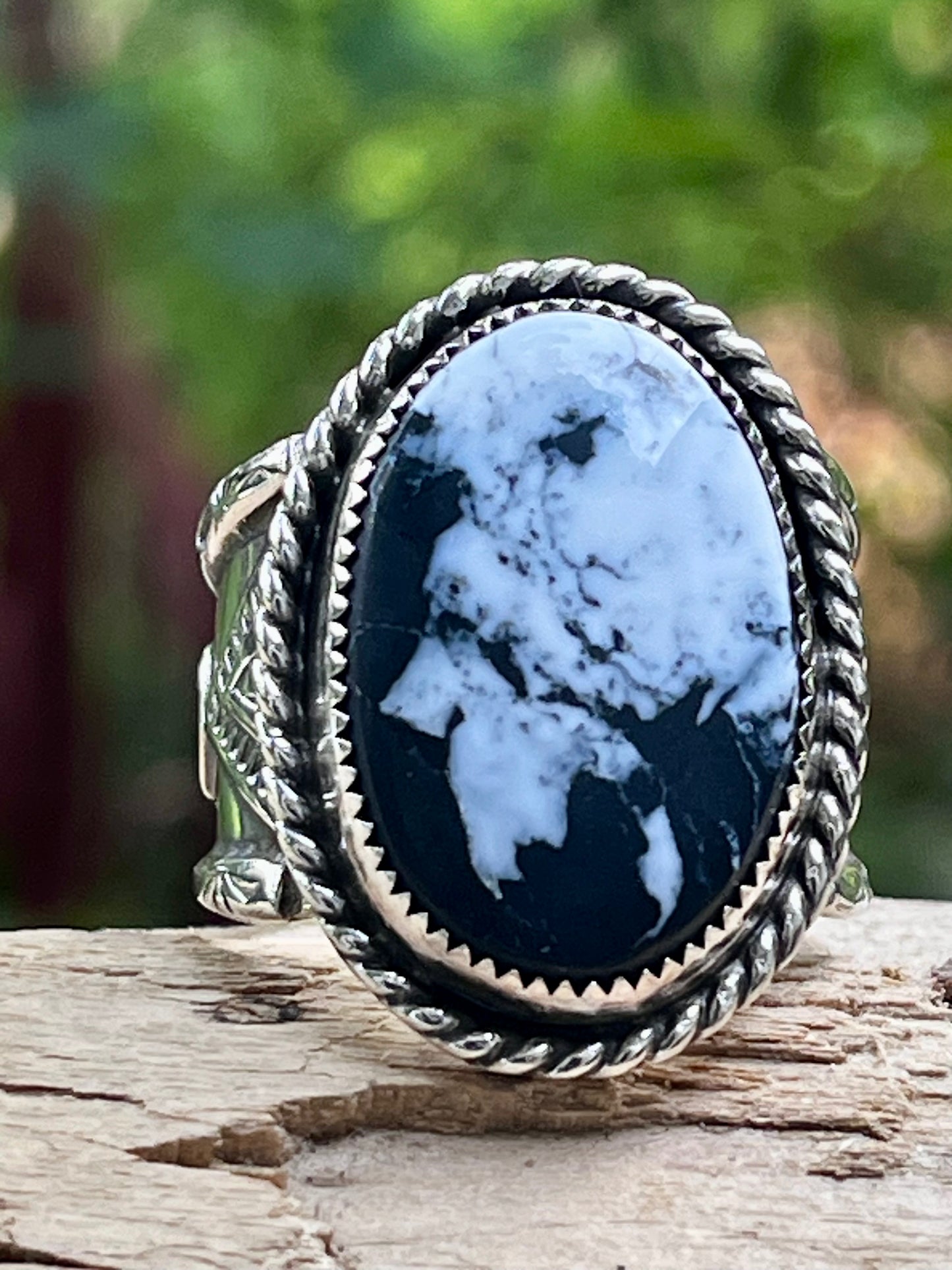 Natural White Buffalo “Face of a Buffalo” unique statement ring Sz-11.75-12