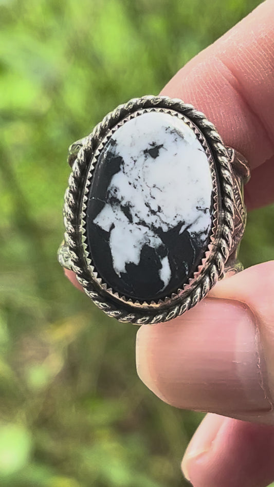 Natural White Buffalo “Face of a Buffalo” unique statement ring Sz-11.75-12