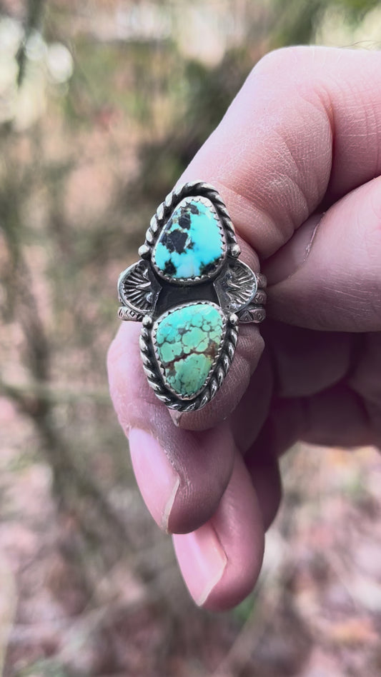 Natural High grade Blue Moon & high grade Rattlesnake turquoise ring Sz-8