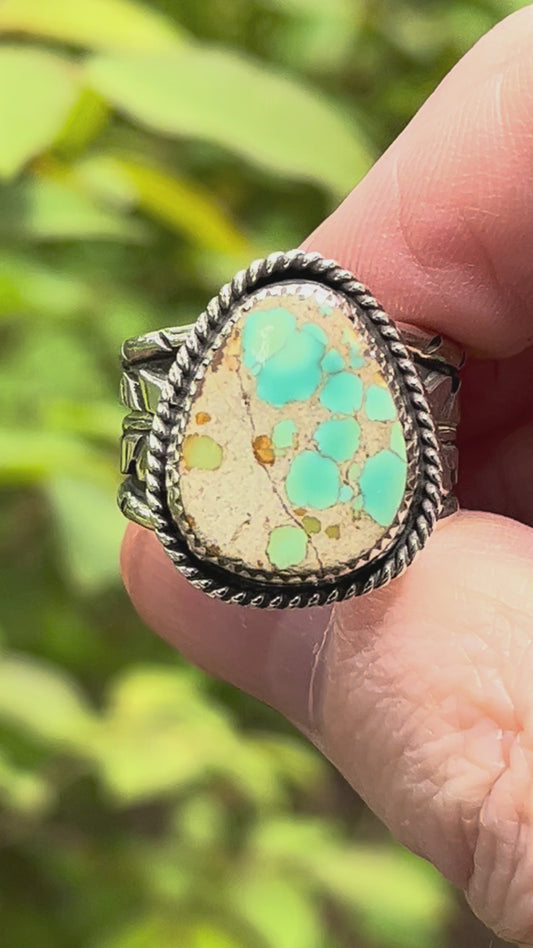 Natural High grade Gobi Desert Turquoise “raindrops on feathers” ring Sz 7.75-8